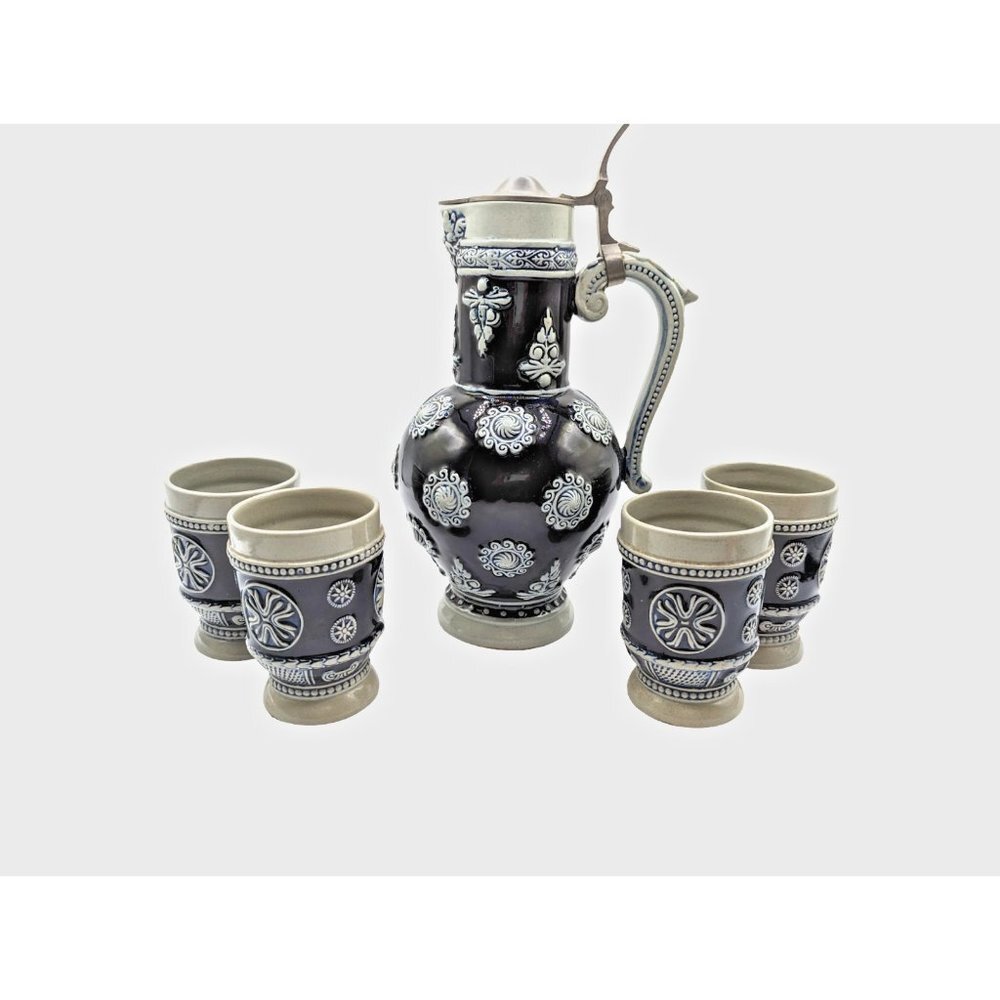 Vintage WC Germany 5pc Stoneware Beverage Set, Blue and Gray Salt Glaze